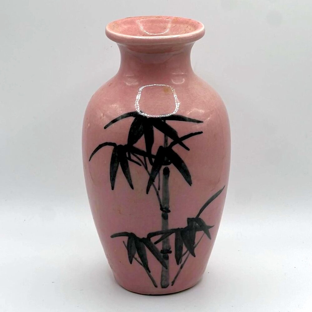 Vintage Hand Painted Bamboo pink Ceramic Pottery vase 6”